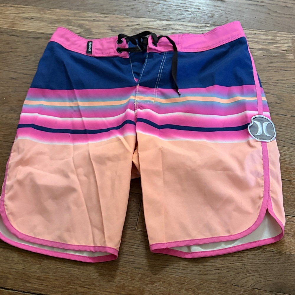 Hurley Kids Navy, Pink & Peach Striped Swim Trunks